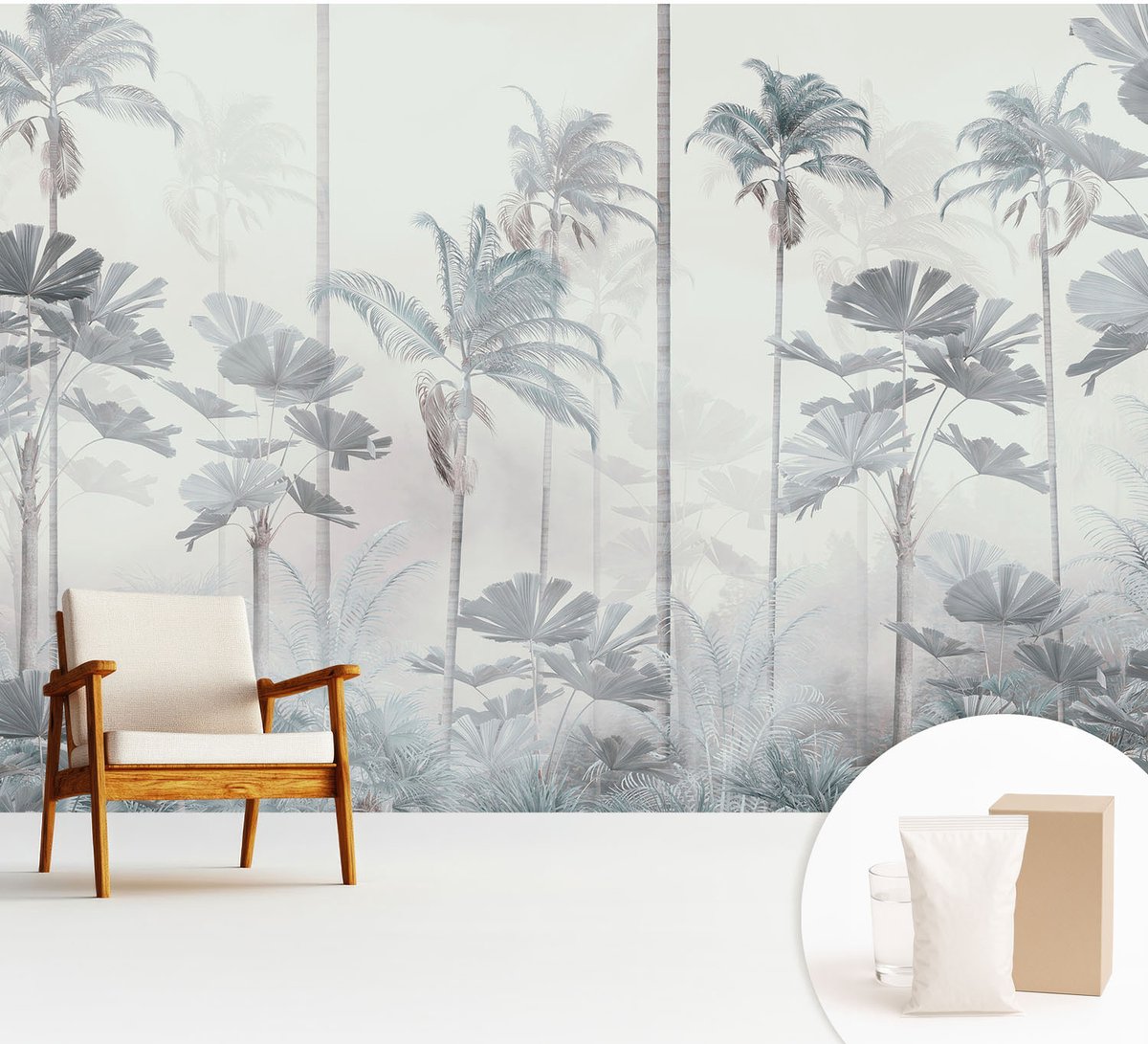 Wallfluent Fotobehang - Wit Vliesbehang - 312x219 cm - Tropisch Landschap Fotobehang Vlies - Woonkamer behang Bloemen En Planten - Muurschildering - Hal behang