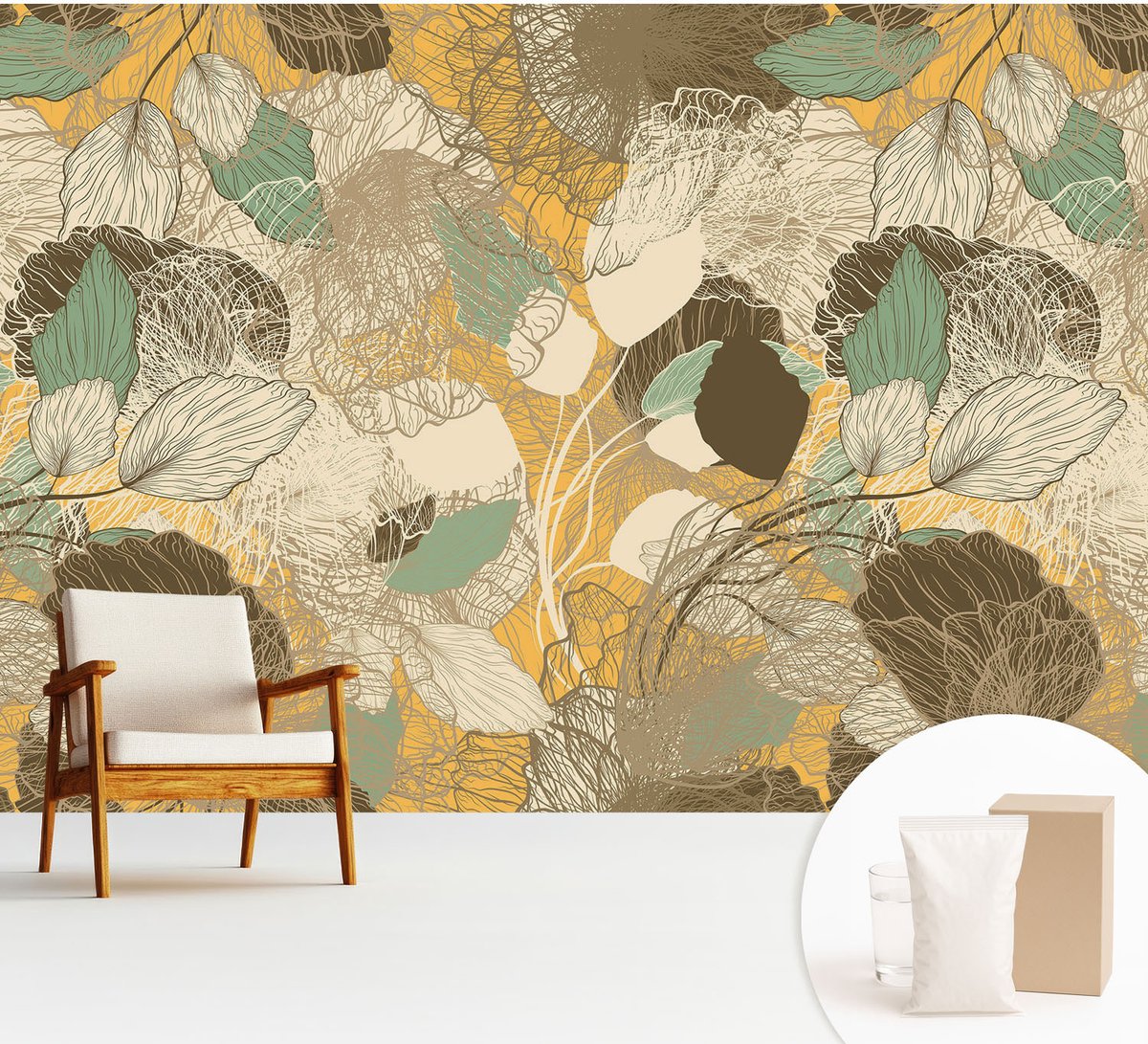 Wallfluent Fotobehang - Geel Vliesbehang - 312x219 cm - Plantenschoonheid Fotobehang Vlies - Hal behang Bloemen En Planten - Muurschildering - Woonkamer behang