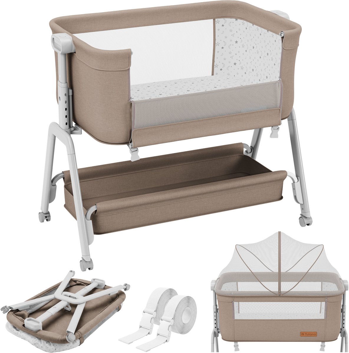 Tulano Dream 50 - 3-in-1 bijzetbedje - met muskietennet - matras met patronen - verstelbaar - taupe