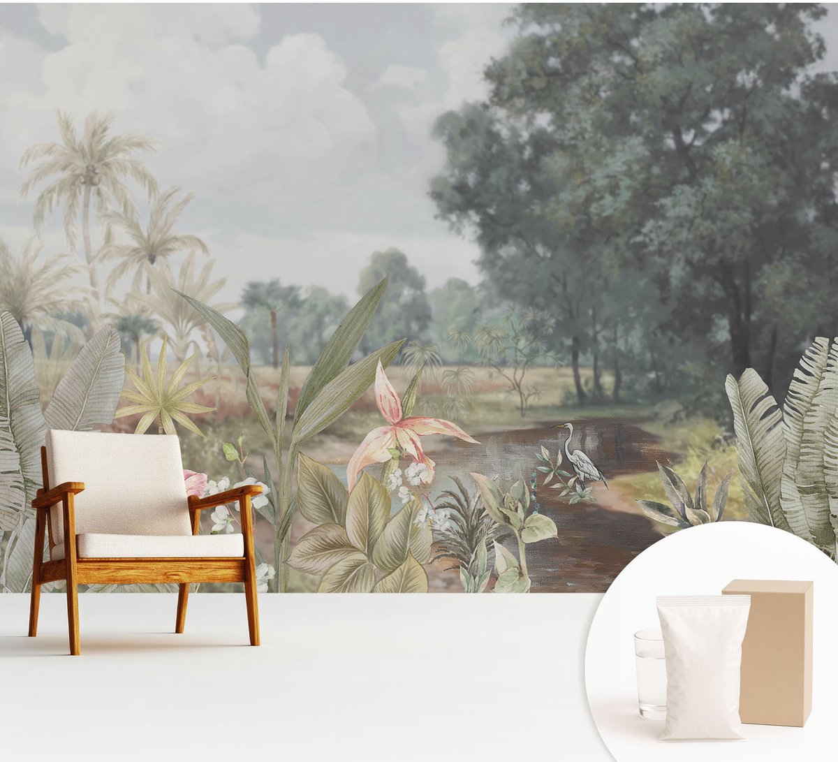 Wallfluent Fotobehang - Grijs Vliesbehang - 312x219 cm - Exotisch Landschap Muurschildering - Slaapkamer behang Bloemen En Planten - Fotobehang Vlies - Gang behang