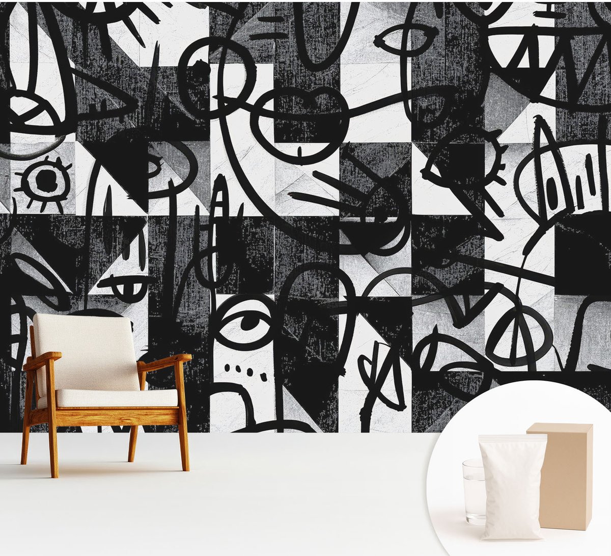 Wallfluent Fotobehang - Zwart Vliesbehang - 312x219 cm - Chaos Tekenen Muurschildering - Gang behang Abstractie - Fotobehang Vlies - Slaapkamer behang