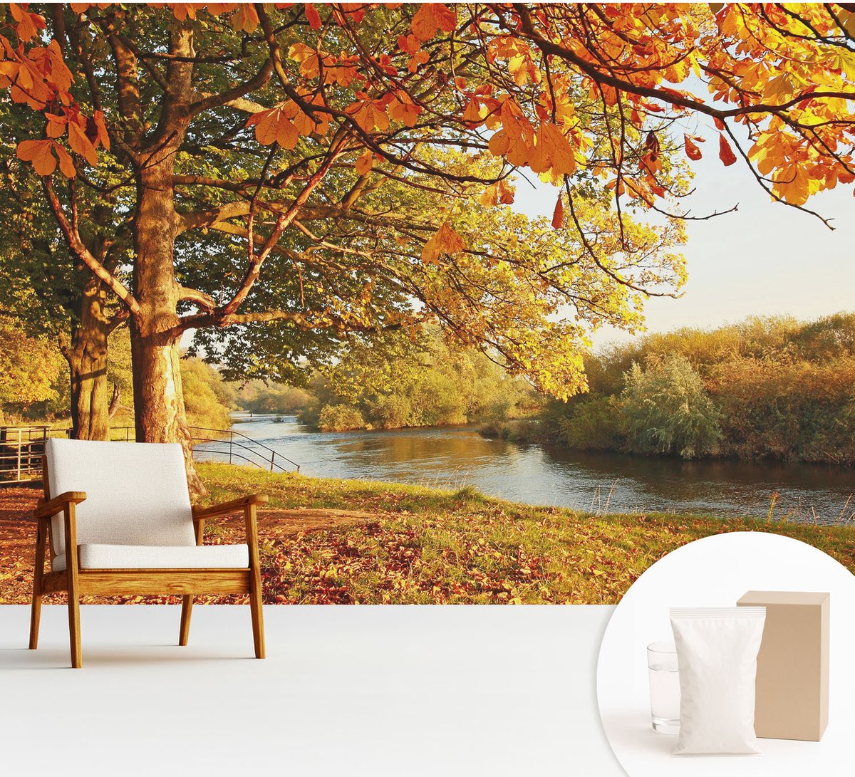 Wallfluent Fotobehang - Geel Vliesbehang - 312x219 cm - Herfst Aan De Kust Muurschildering - Gang behang Landschappen - Fotobehang Vlies - Gang behang