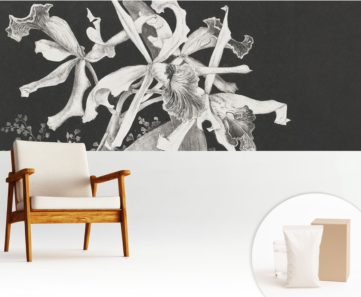 Wallfluent Fotobehang - Zwart Vliesbehang - 250x104 cm - Orchidee Illustratie Muurschildering - Gang behang Bloemen En Planten - Fotobehang Vlies - Slaapkamer behang