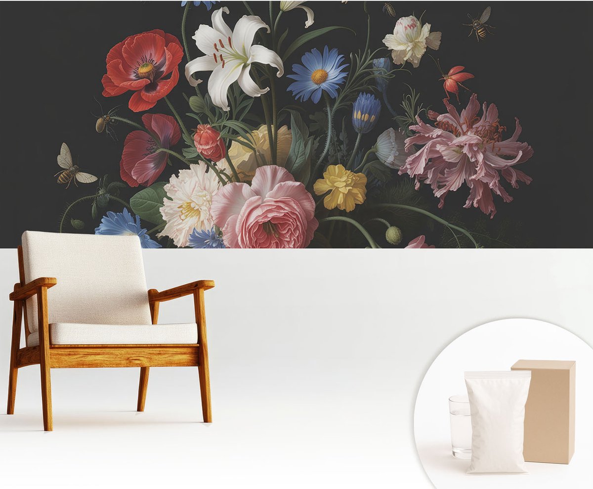 Wallfluent Fotobehang - Zwart Vliesbehang - 250x104 cm - Bloemen Met Insecten Fotobehang Vlies - Woonkamer behang Bloemen En Planten - Muurschildering - Woonkamer behang