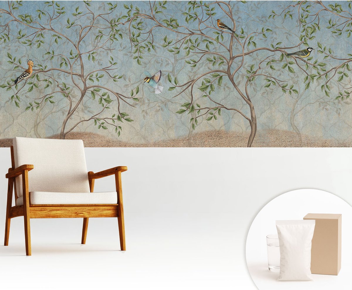 Wallfluent Fotobehang - Grijs Vliesbehang - 250x104 cm - Vogels In De Bomen Fotobehang Vlies - Hal behang Bloemen En Planten - Muurschildering - Woonkamer behang