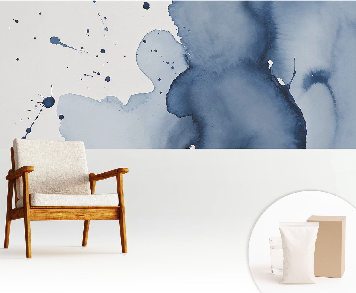 Wallfluent Fotobehang - Wit Vliesbehang - 250x104 cm - Marineblauwe Spetters Muurschildering - Gang behang Abstractie - Fotobehang Vlies - Slaapkamer behang