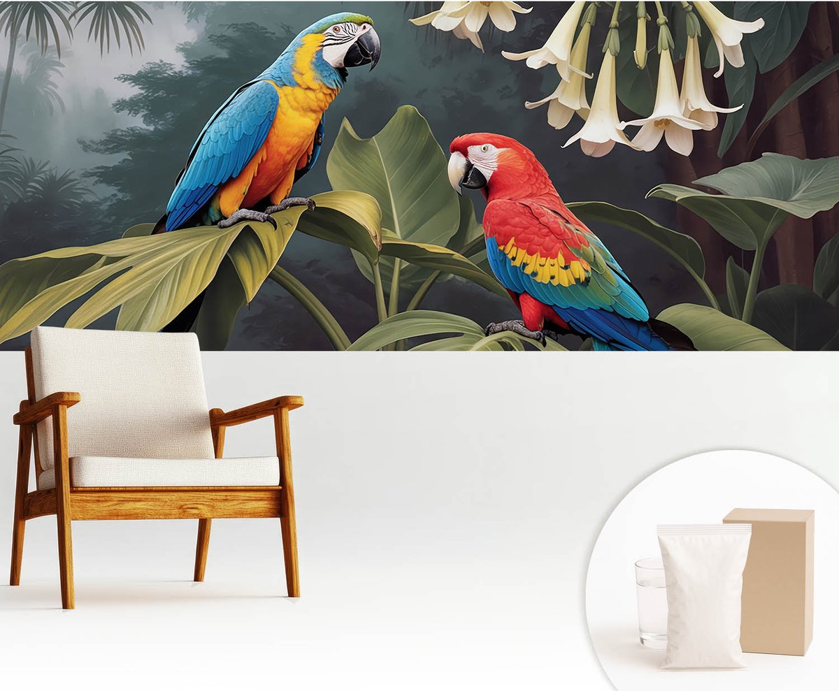 Wallfluent Fotobehang - Zwart Vliesbehang - 250x104 cm - Kleurrijke Papegaaien Fotobehang Vlies - Hal behang Dieren - Muurschildering - Hal behang