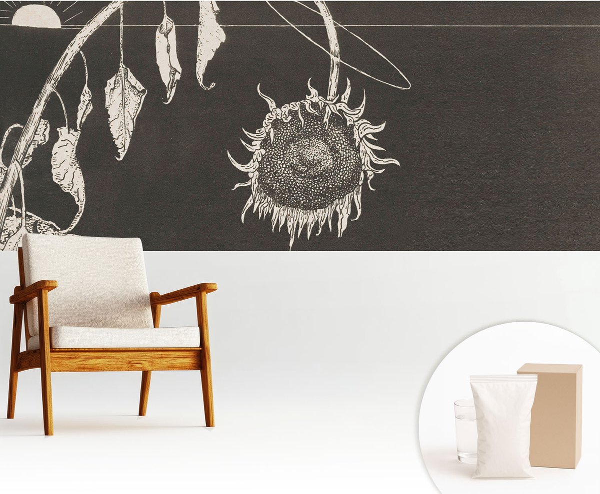 Wallfluent Fotobehang - Zwart Vliesbehang - 250x104 cm - Nostalgische Zonnebloem Muurschildering - Gang behang Deel - Fotobehang Vlies - Slaapkamer behang