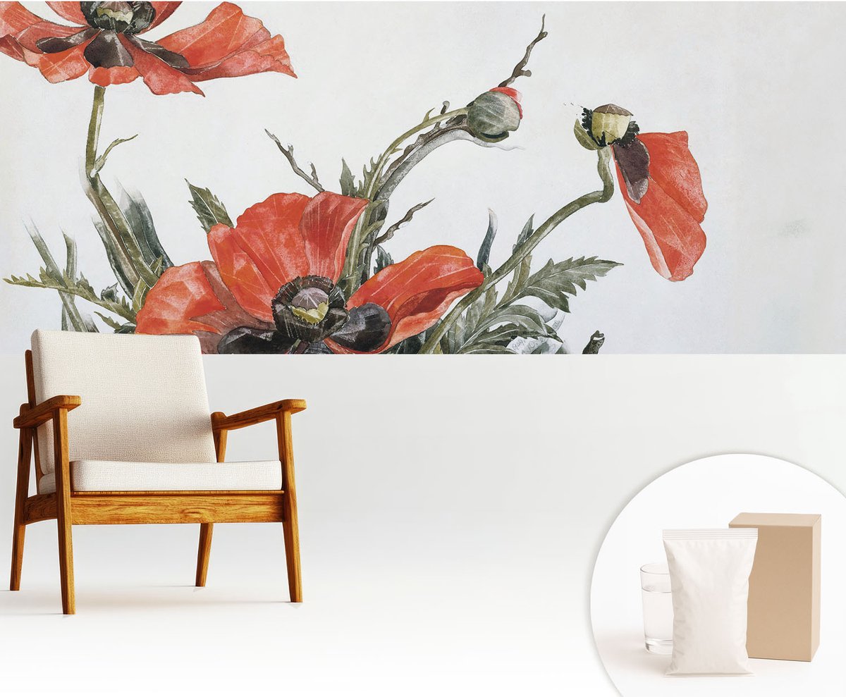 Wallfluent Fotobehang - Rood Vliesbehang - 250x104 cm - Rode Klaprozen Muurschildering - Slaapkamer behang Bloemen En Planten - Fotobehang Vlies - Gang behang