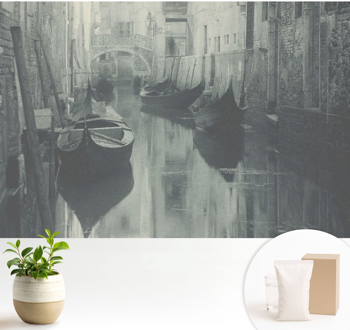 Wallfluent Fotobehang - Grijs Vliesbehang - 104x70 cm - Oud Kanaal Muurschildering - Slaapkamer behang Architectuur - Fotobehang Vlies - Slaapkamer behang