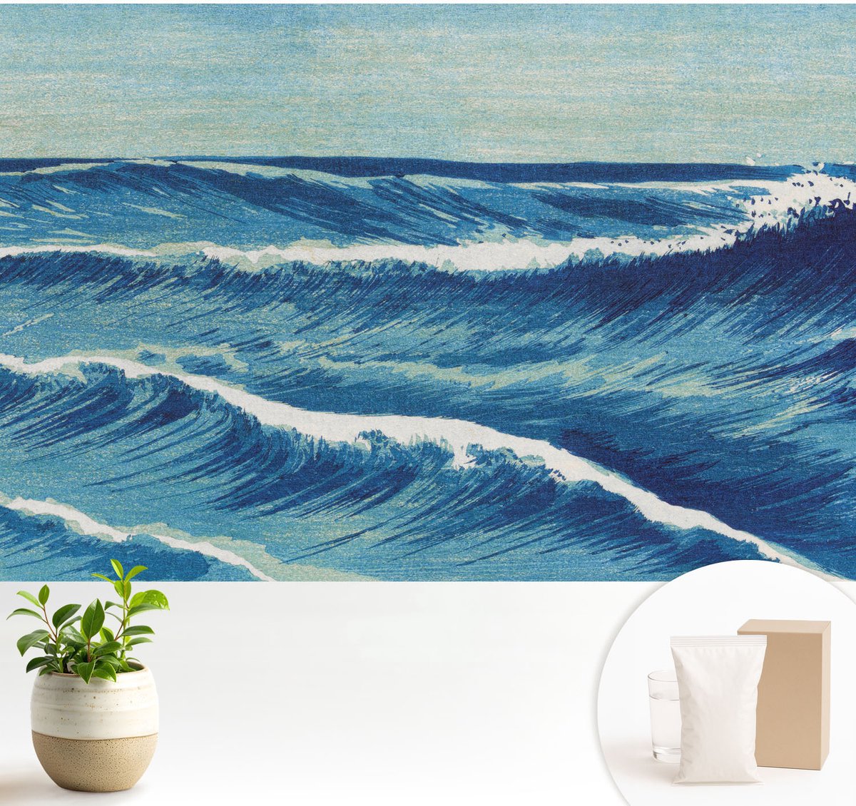 Wallfluent Fotobehang - Blauw Vliesbehang - 104x70 cm - Zeegolven Fotobehang Vlies - Woonkamer behang Landschappen - Muurschildering - Hal behang