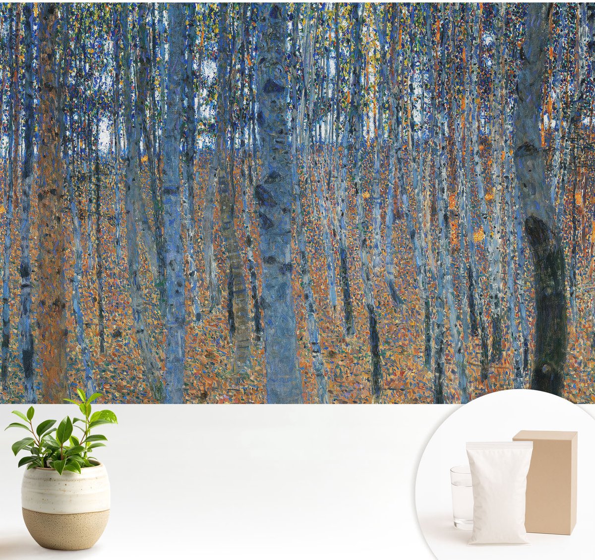 Wallfluent Fotobehang - Blauw Vliesbehang - 104x70 cm - Berkenbos Muurschildering - Slaapkamer behang Bloemen En Planten - Fotobehang Vlies - Slaapkamer behang
