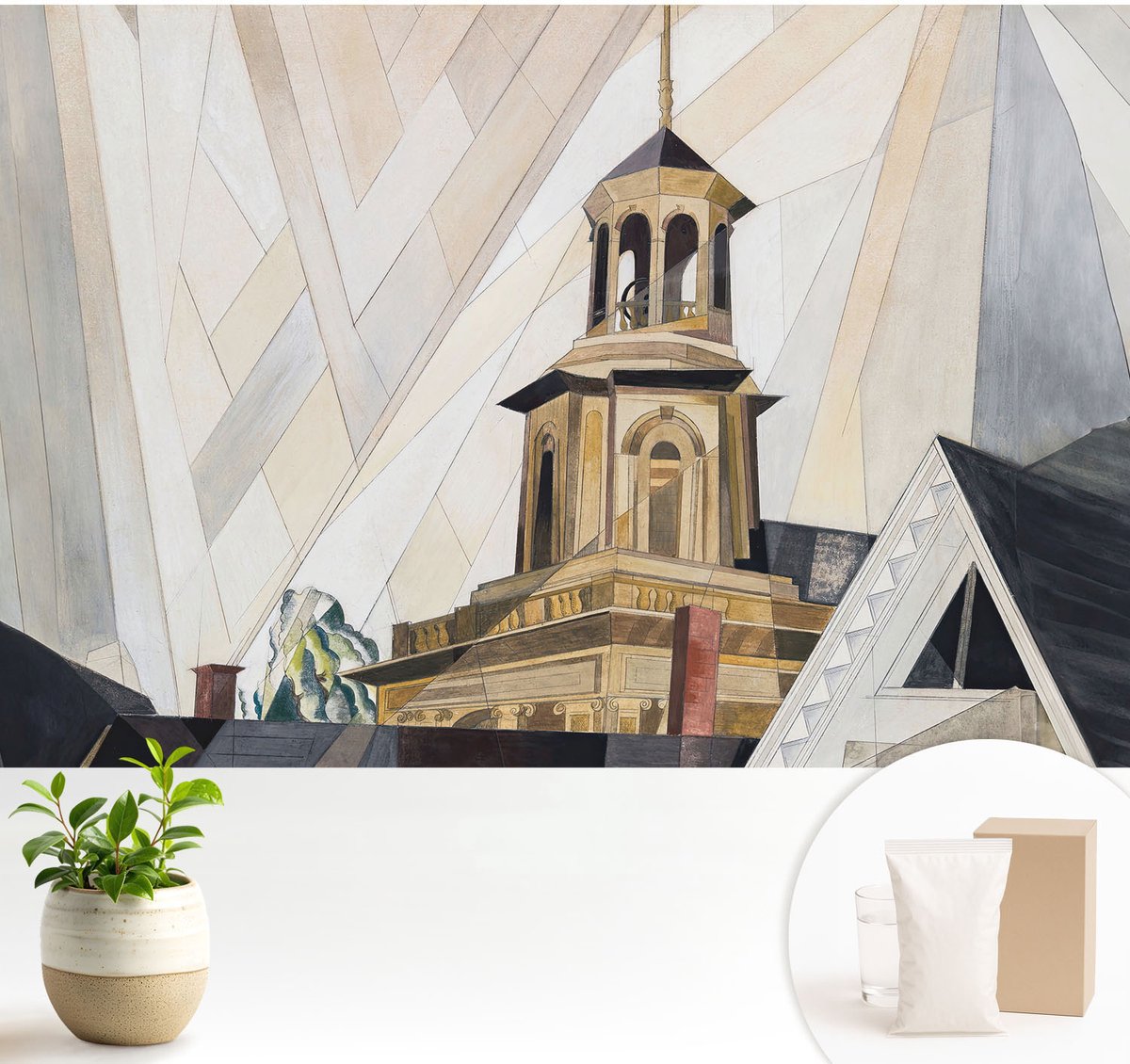 Wallfluent Fotobehang - Wit Vliesbehang - 104x70 cm - Architectonische Toren Fotobehang Vlies - Hal behang Architectuur - Muurschildering - Hal behang