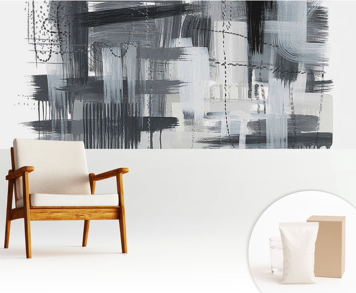 Wallfluent Fotobehang - Zwart Vliesbehang - 250x104 cm - Moderne Kunst Fotobehang Vlies - Hal behang Abstractie - Muurschildering - Hal behang