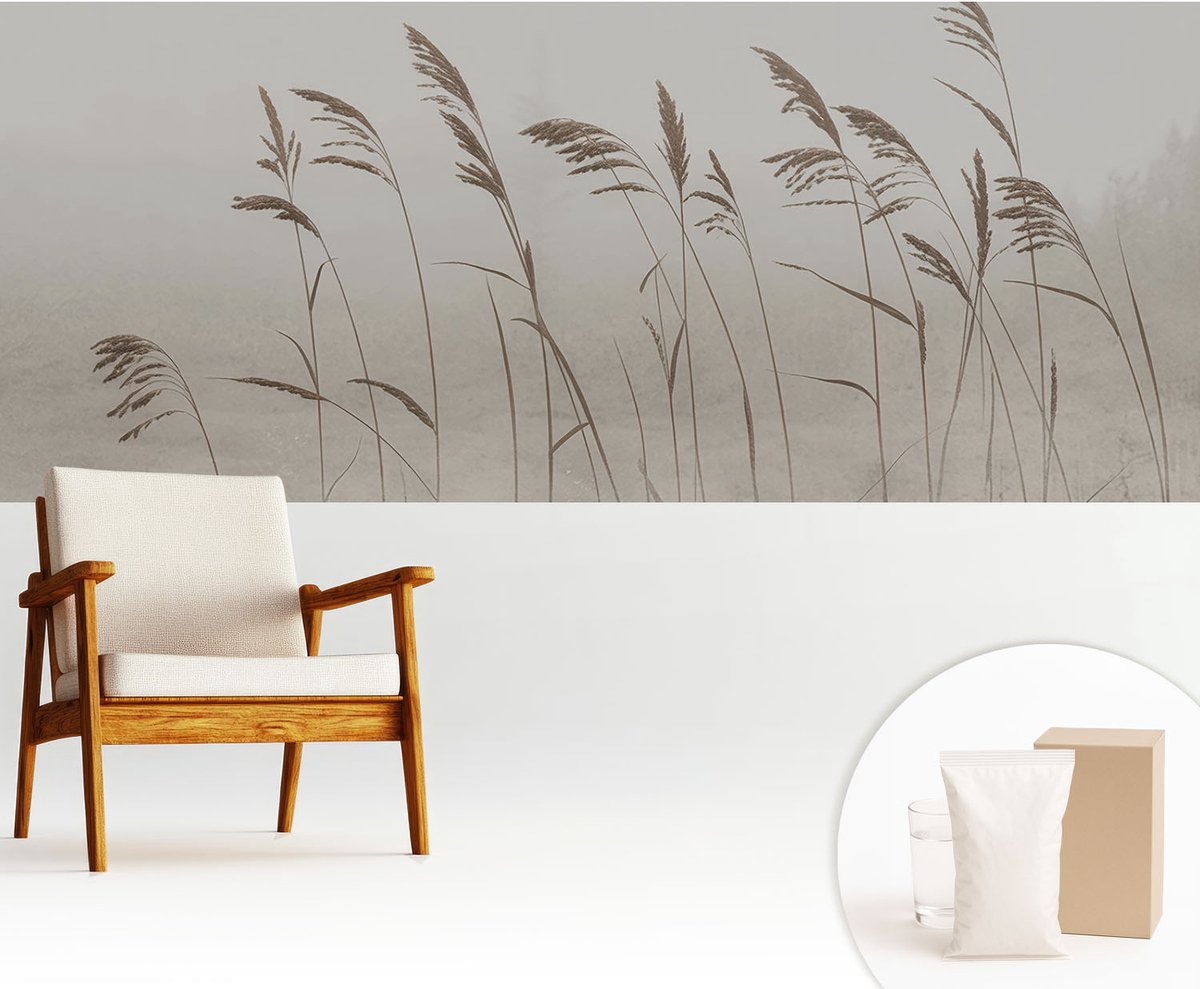 Wallfluent Fotobehang - Grijs Vliesbehang - 250x104 cm - Grassen In De Mist Fotobehang Vlies - Hal behang Bloemen En Planten - Muurschildering - Woonkamer behang