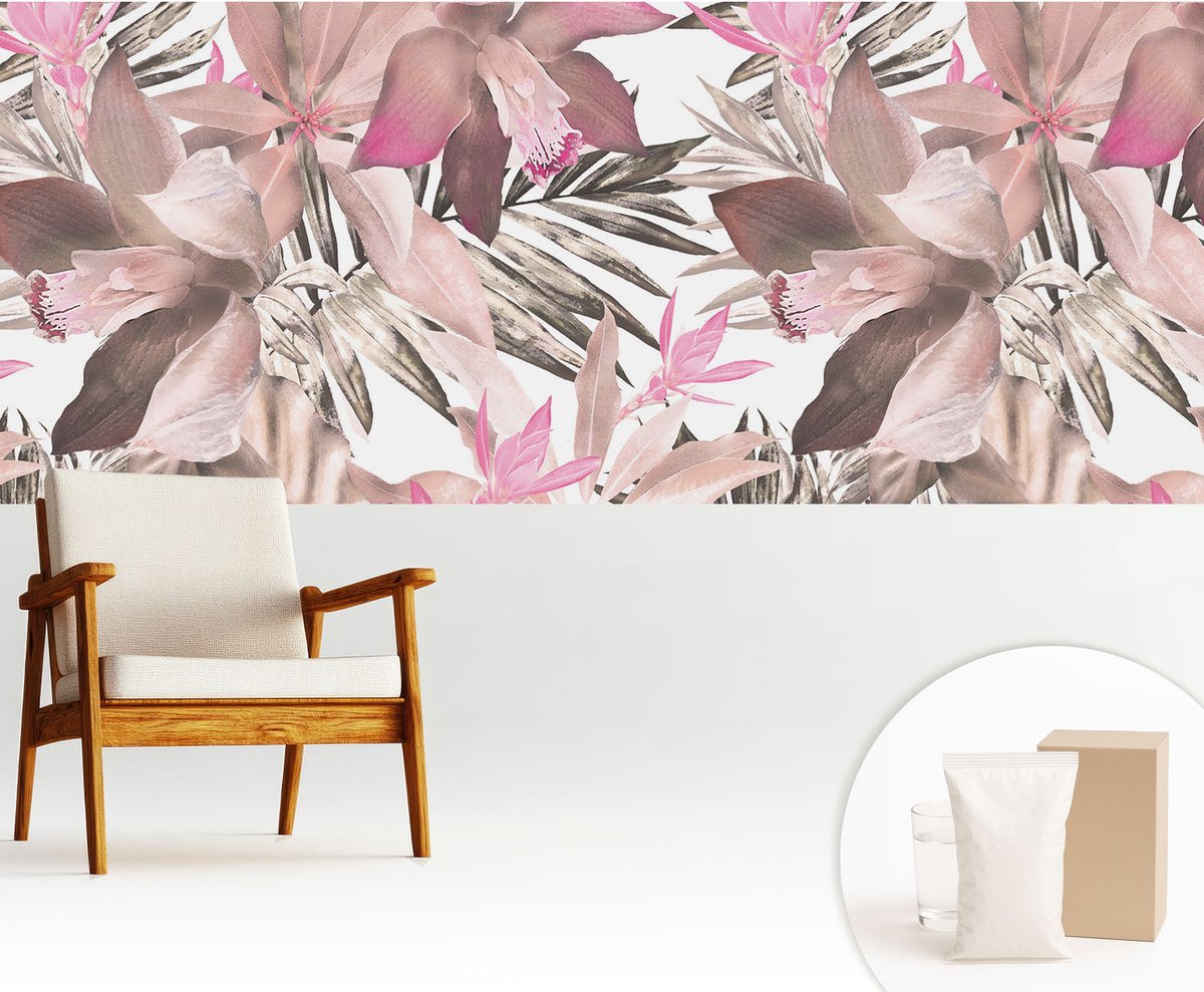Wallfluent Fotobehang - Bruin Vliesbehang - 250x104 cm - Exotische Bloemen Muurschildering - Slaapkamer behang Bloemen En Planten - Fotobehang Vlies - Gang behang