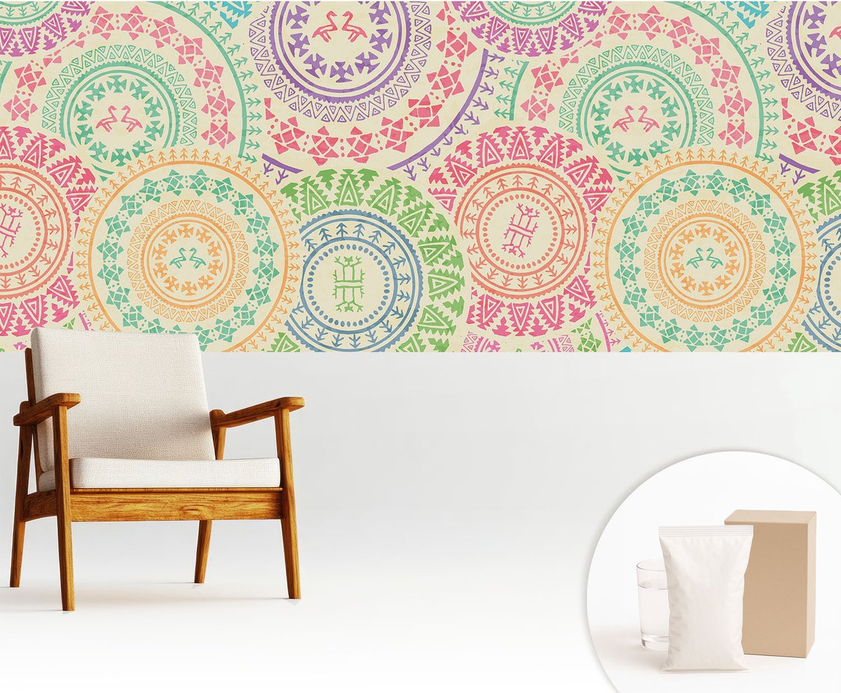 Wallfluent Fotobehang - Beige Vliesbehang - 250x104 cm - Kleurrijke Mandala'S Muurschildering - Slaapkamer behang Achtergronden En Patronen - Fotobehang Vlies - Slaapkamer behang