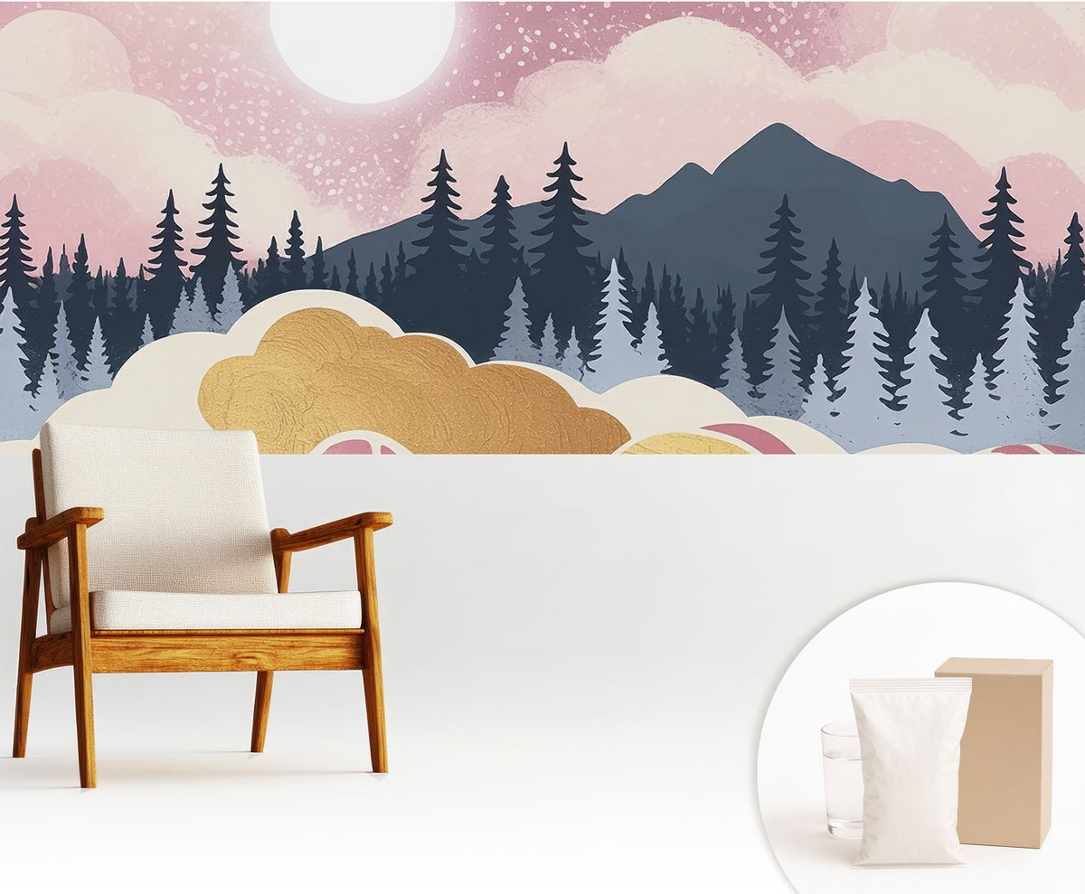 Wallfluent Fotobehang - Roze Vliesbehang - 250x104 cm - Roze Zonsondergang Muurschildering - Gang behang Landschappen - Fotobehang Vlies - Slaapkamer behang