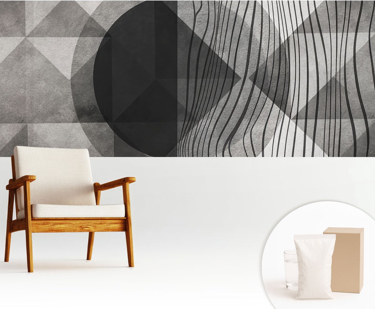 Wallfluent Fotobehang - Zwart-Wit Vliesbehang - 250x104 cm - Abstracte Vormen Fotobehang Vlies - Woonkamer behang Abstractie - Muurschildering - Woonkamer behang