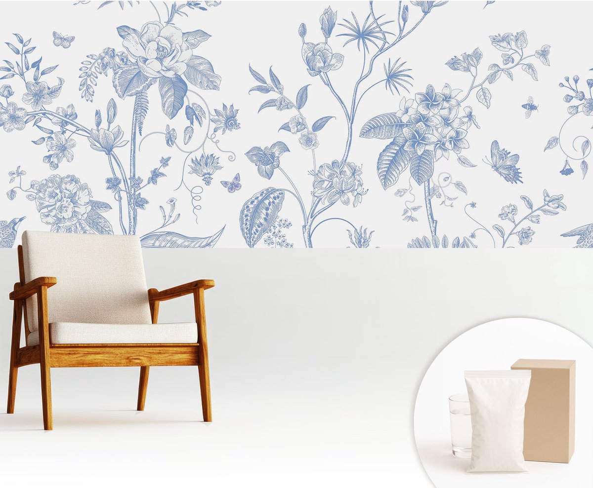 Wallfluent Fotobehang - Wit Vliesbehang - 250x104 cm - Bloemenpatroon Fotobehang Vlies - Hal behang Bloemen En Planten - Muurschildering - Woonkamer behang
