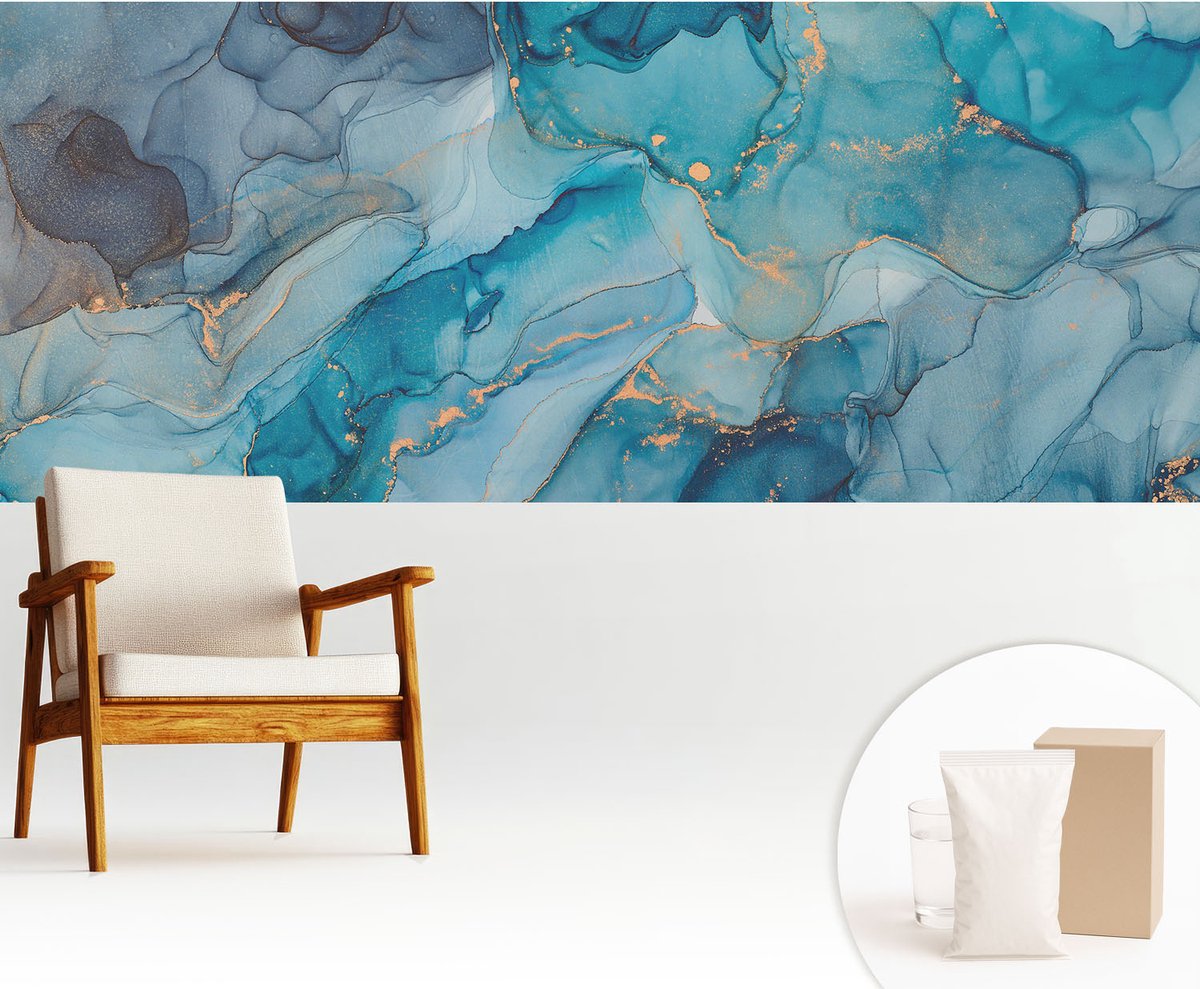 Wallfluent Fotobehang - Blauw Vliesbehang - 250x104 cm - Blauwe Abstractie Fotobehang Vlies - Hal behang Abstractie - Muurschildering - Hal behang