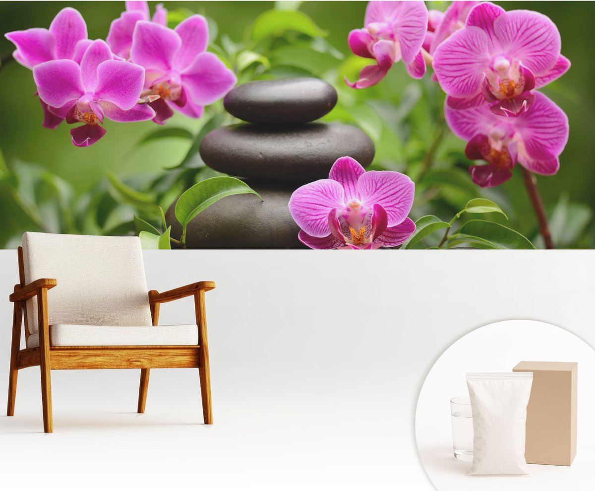 Wallfluent Fotobehang - Groente Vliesbehang - 250x104 cm - Orchideeënstenen Muurschildering - Gang behang Bloemen En Planten - Fotobehang Vlies - Gang behang
