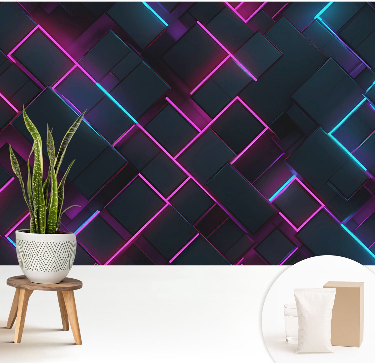 Wallfluent Fotobehang - Marine Vliesbehang - 208x146 cm - Neon Geometrie Fotobehang Vlies - Woonkamer behang Abstractie - Muurschildering - Hal behang