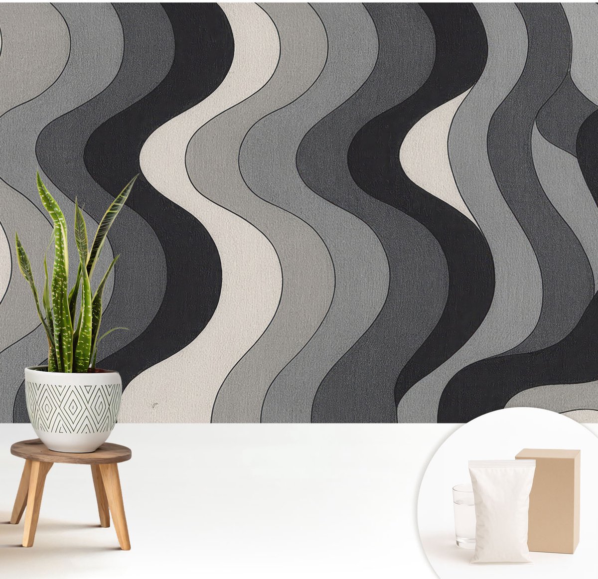 Wallfluent Fotobehang - Grijs Vliesbehang - 208x146 cm - Grijze Golven Fotobehang Vlies - Hal behang Geometrie - Muurschildering - Woonkamer behang