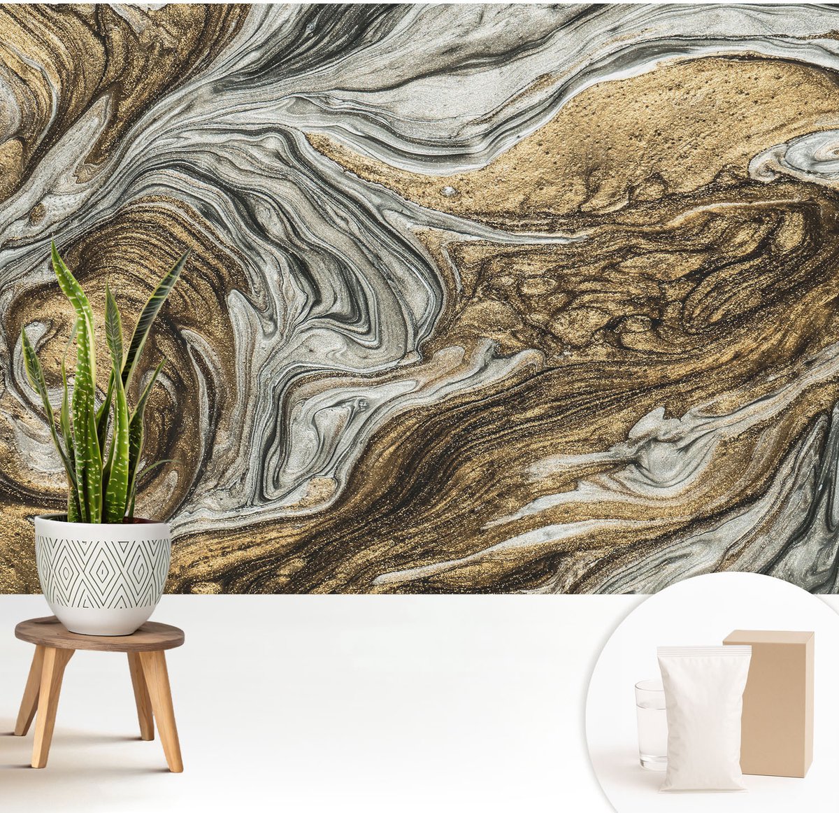 Wallfluent Fotobehang - Grijs Vliesbehang - 208x146 cm - Abstracte Wervelingen Muurschildering - Gang behang Abstractie - Fotobehang Vlies - Slaapkamer behang