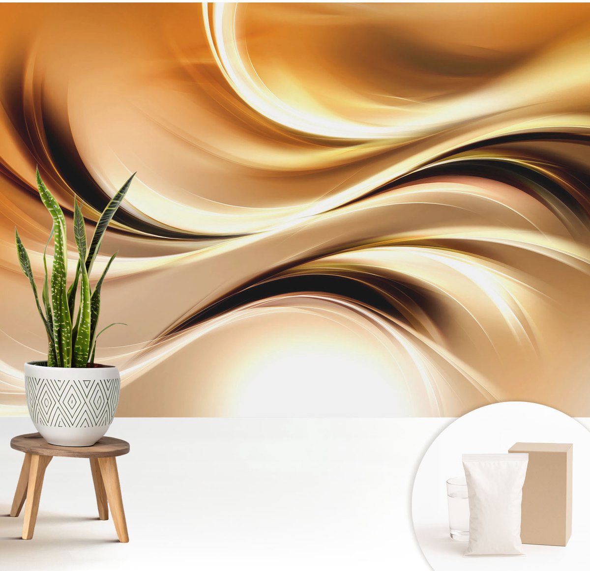 Wallfluent Fotobehang - Beige Vliesbehang - 208x146 cm - Vloeistofleidingen Muurschildering - Gang behang Abstractie - Fotobehang Vlies - Slaapkamer behang