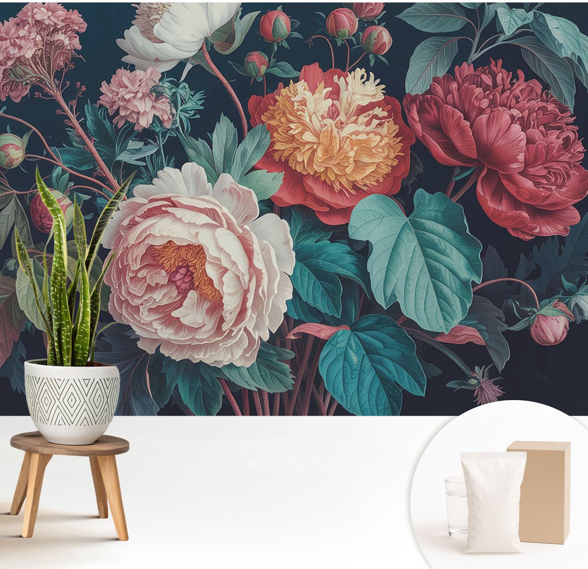 Wallfluent Fotobehang - Wit Vliesbehang - 208x146 cm - Kleurrijke Bloemen Muurschildering - Slaapkamer behang Bloemen En Planten - Fotobehang Vlies - Gang behang
