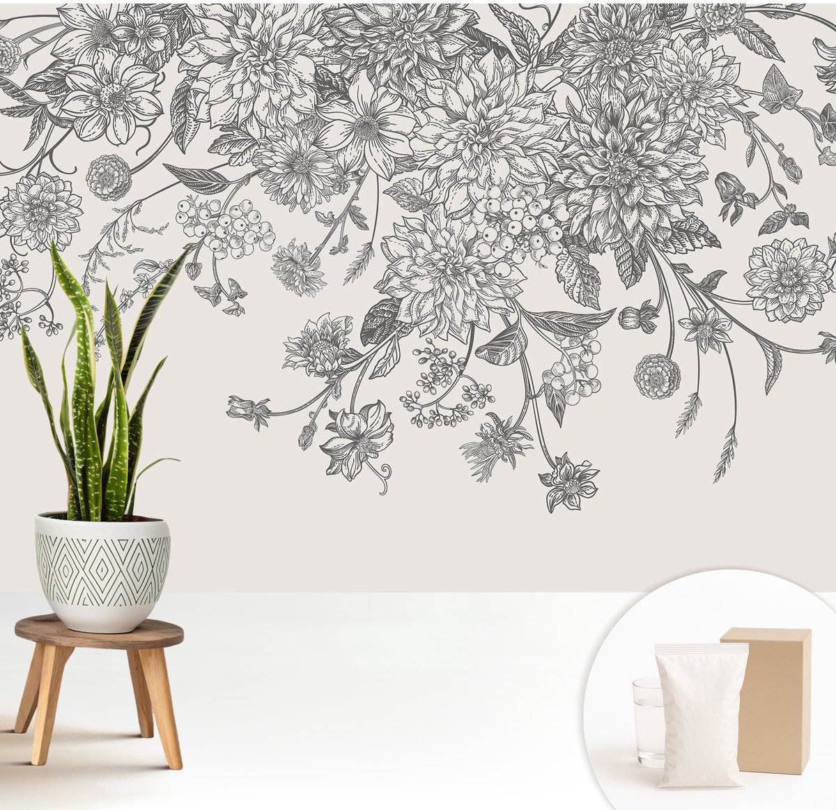 Wallfluent Fotobehang - Wit Vliesbehang - 208x146 cm - Bloemenpatroon Fotobehang Vlies - Hal behang Bloemen En Planten - Muurschildering - Woonkamer behang