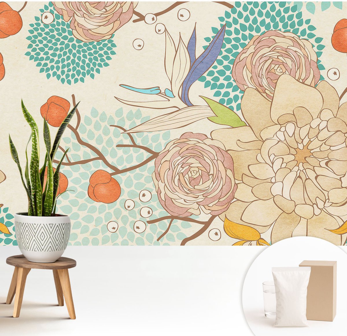 Wallfluent Fotobehang - Wit Vliesbehang - 208x146 cm - Bloemenfantasie Fotobehang Vlies - Hal behang Bloemen En Planten - Muurschildering - Woonkamer behang