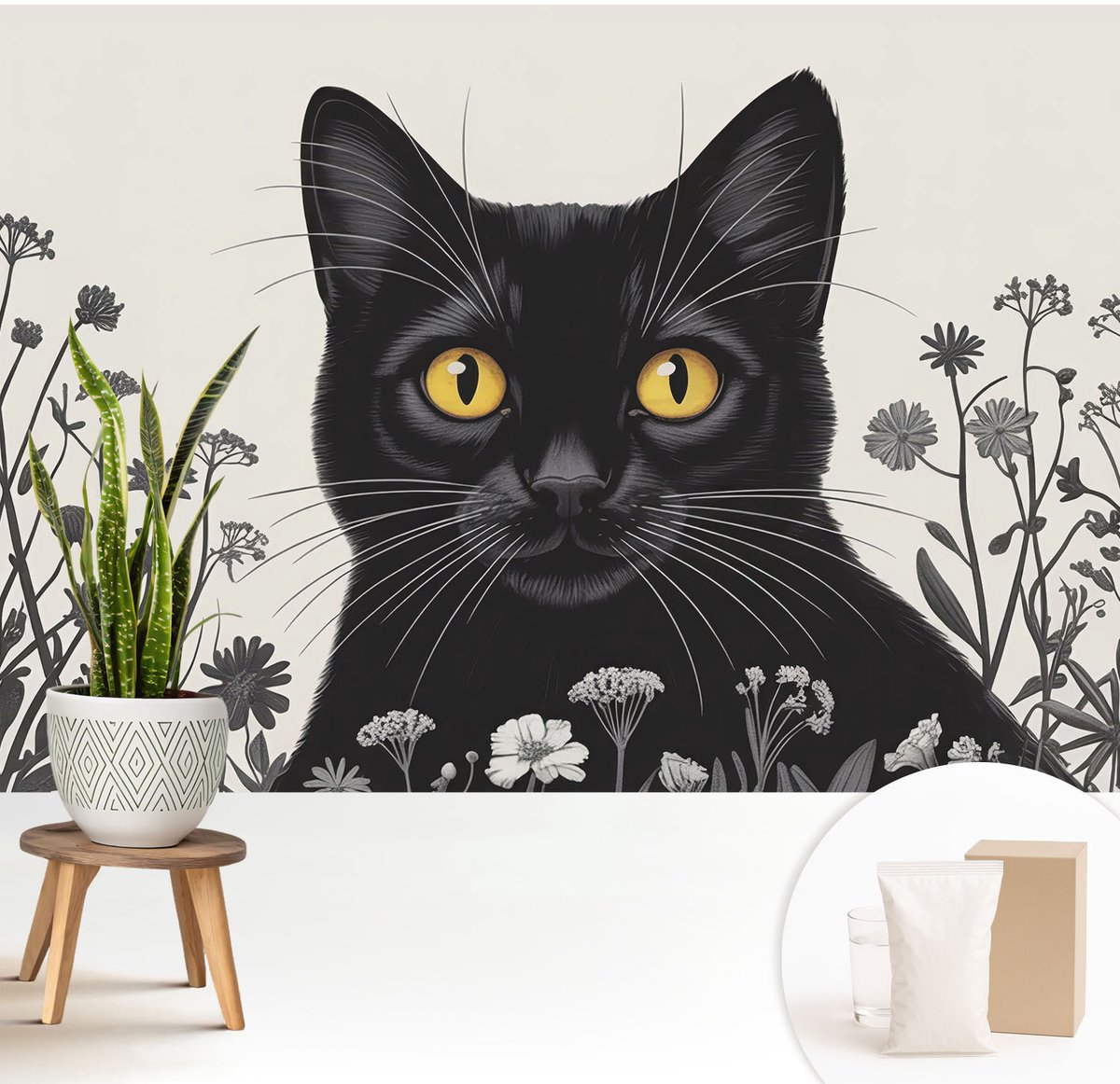 Wallfluent Fotobehang - Wit Vliesbehang - 208x146 cm - Kattenbloemen Fotobehang Vlies - Hal behang Dieren - Muurschildering - Hal behang