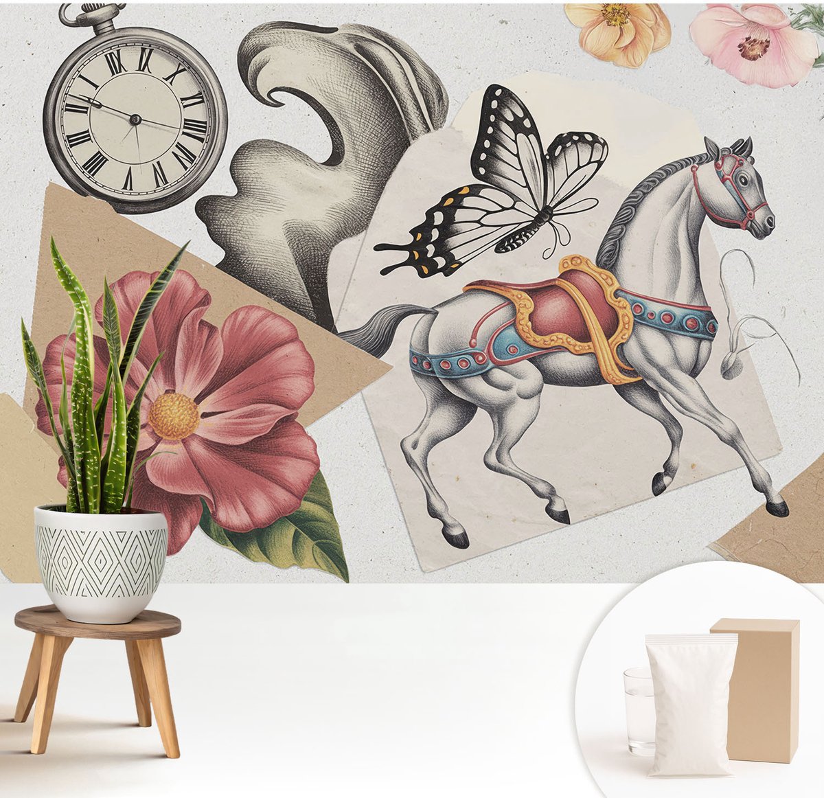 Wallfluent Fotobehang - Grijs Vliesbehang - 208x146 cm - Vintage Bloemen Muurschildering - Gang behang Deel - Fotobehang Vlies - Slaapkamer behang