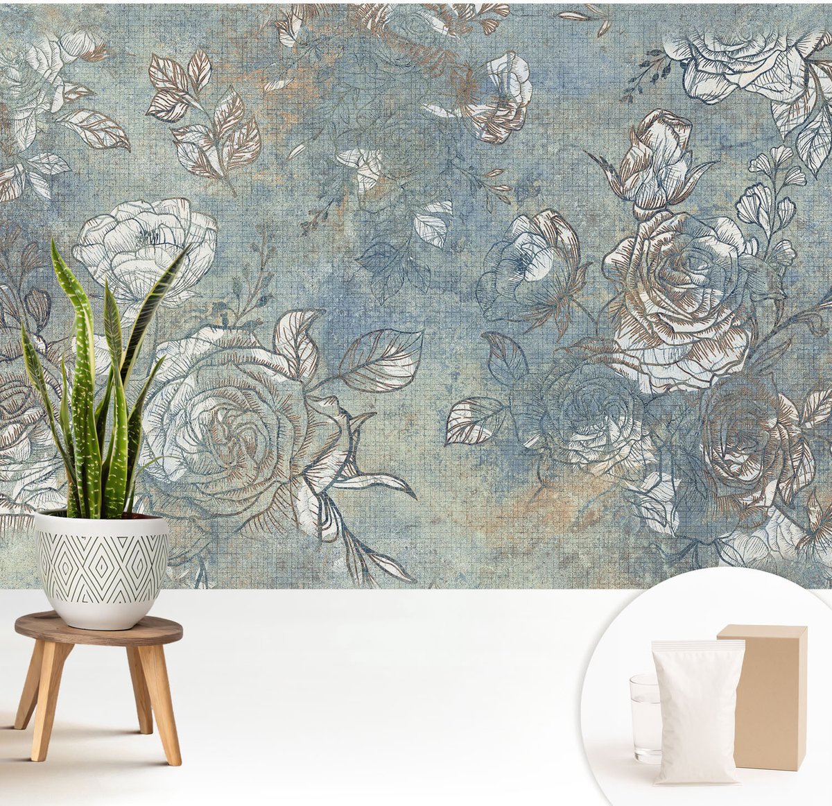 Wallfluent Fotobehang - Blauw Vliesbehang - 208x146 cm - Romantische Rozen Muurschildering - Gang behang Bloemen En Planten - Fotobehang Vlies - Slaapkamer behang