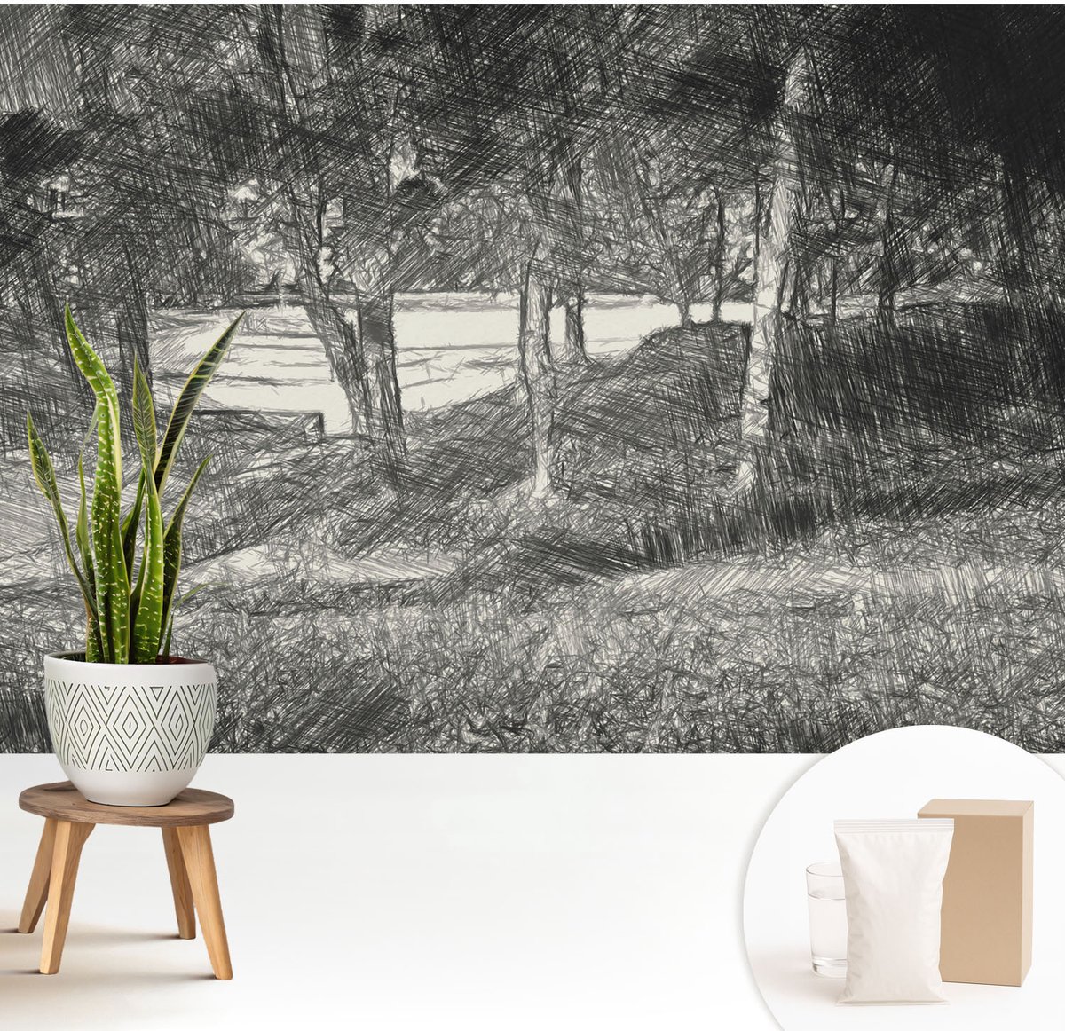 Wallfluent Fotobehang - Zwart-Wit Vliesbehang - 208x146 cm - Een Vredig Landschap Muurschildering - Gang behang Landschappen - Fotobehang Vlies - Gang behang