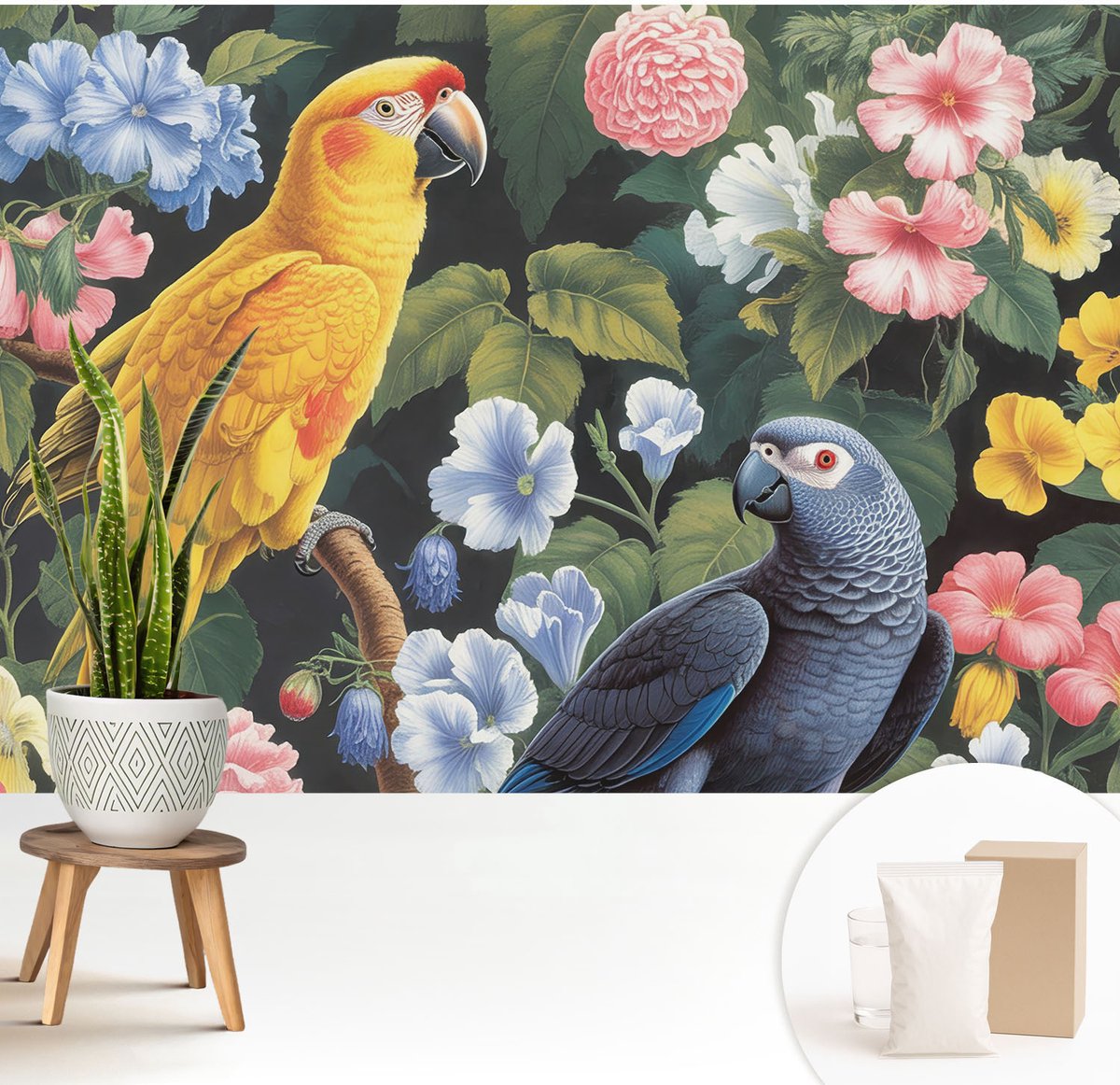 Wallfluent Fotobehang - Geel Vliesbehang - 208x146 cm - Exotische Vogels Fotobehang Vlies - Hal behang Dieren - Muurschildering - Woonkamer behang