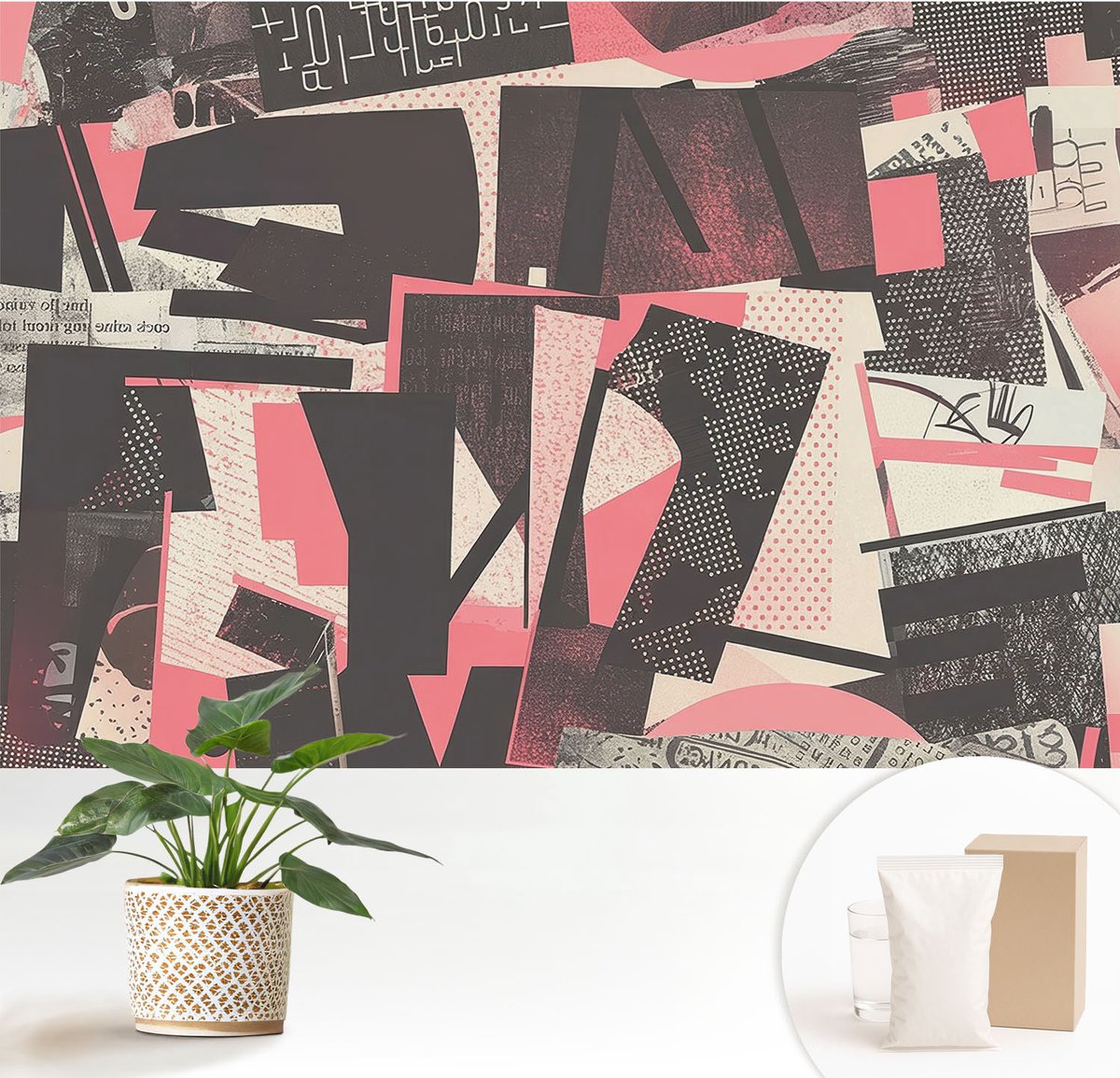 Wallfluent Fotobehang - Zwart Vliesbehang - 152x104 cm - Geometrische Collage Muurschildering - Slaapkamer behang Abstractie - Fotobehang Vlies - Gang behang