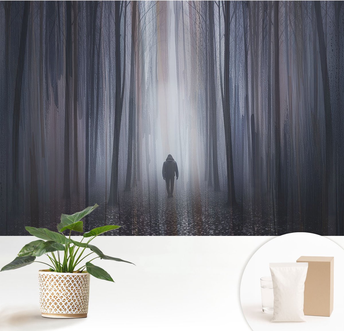 Wallfluent Fotobehang - Grijs Vliesbehang - 152x104 cm - Bosstilte Muurschildering - Gang behang Landschappen - Fotobehang Vlies - Slaapkamer behang