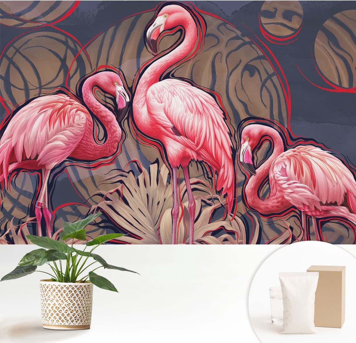 Wallfluent Fotobehang - Roze Vliesbehang - 152x104 cm - Roze Flamingo'S Muurschildering - Slaapkamer behang Dieren - Fotobehang Vlies - Slaapkamer behang