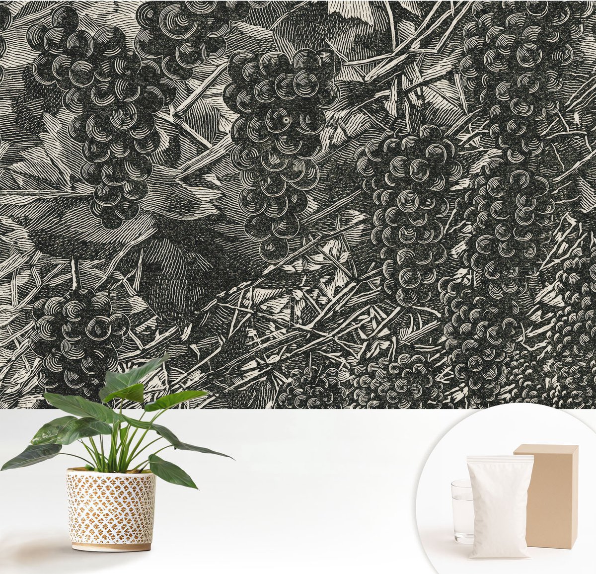 Wallfluent Fotobehang - Zwart-Wit Vliesbehang - 152x104 cm - Druivenafdruk Fotobehang Vlies - Woonkamer behang Bloemen En Planten - Muurschildering - Woonkamer behang