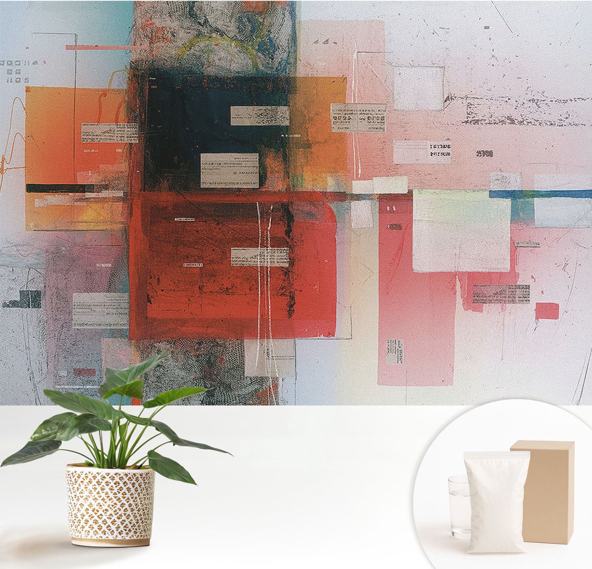 Wallfluent Fotobehang - Rood Vliesbehang - 152x104 cm - Abstracte Compositie Fotobehang Vlies - Hal behang Abstractie - Muurschildering - Woonkamer behang