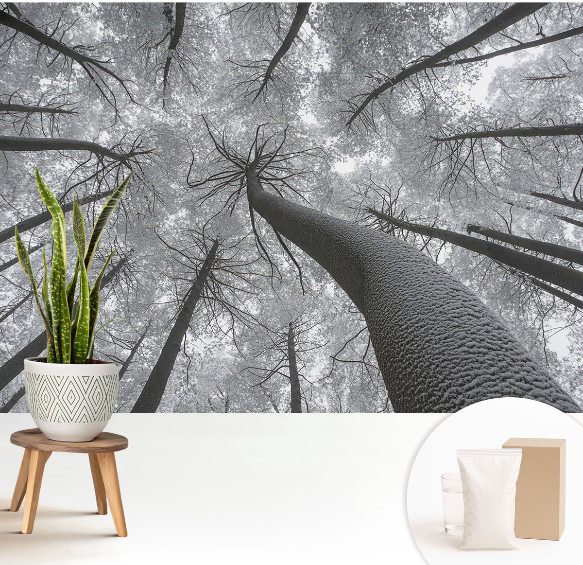 Wallfluent Fotobehang - Zwart-Wit Vliesbehang - 208x146 cm - Winterlandschap Muurschildering - Gang behang Landschappen - Fotobehang Vlies - Gang behang