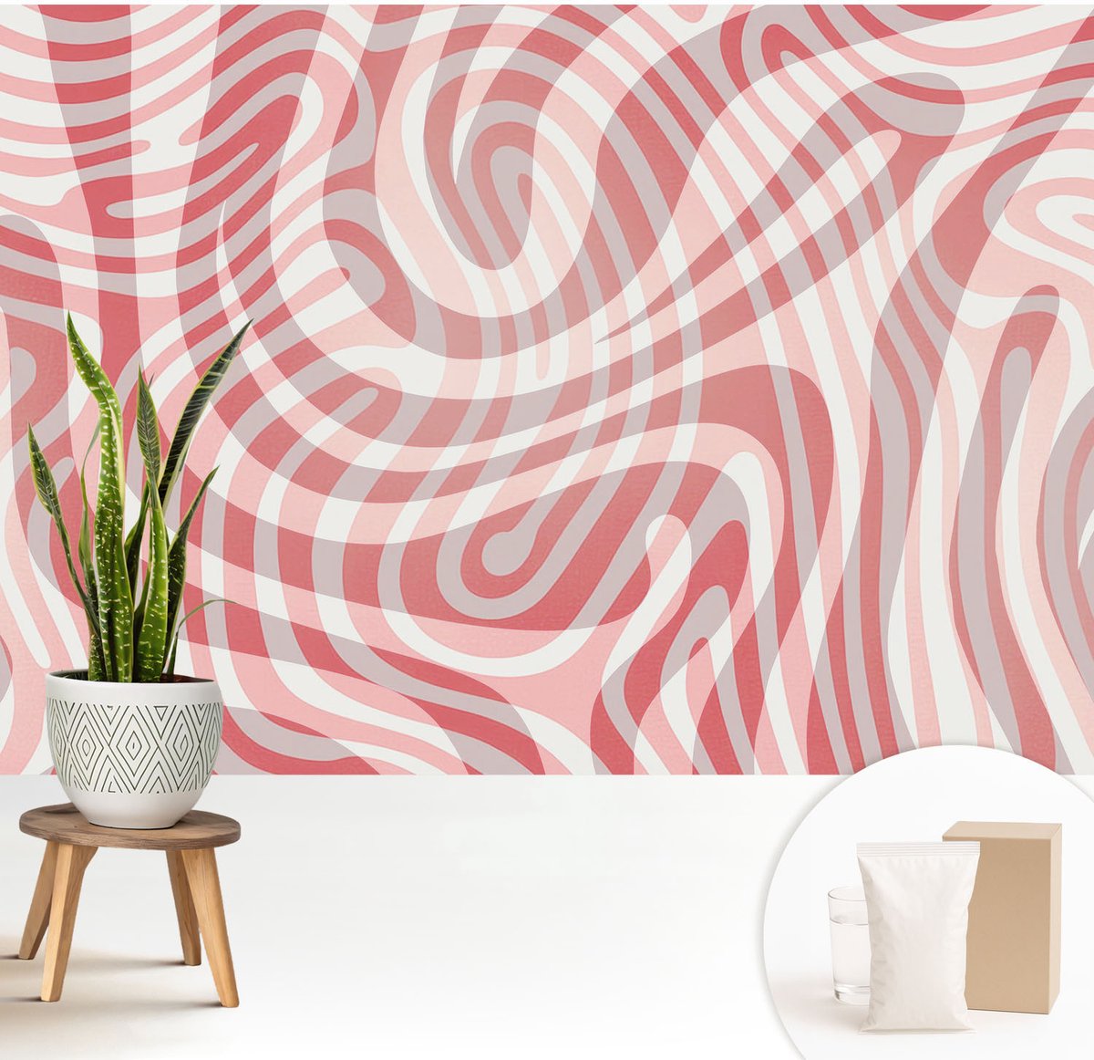 Wallfluent Fotobehang - Rood Vliesbehang - 208x146 cm - Golvende Lijnen Fotobehang Vlies - Hal behang Abstractie - Muurschildering - Woonkamer behang