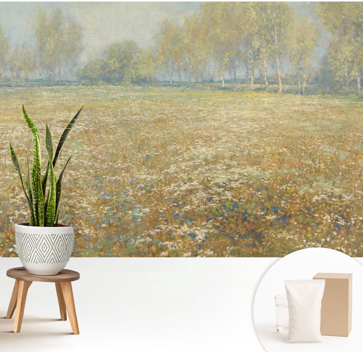 Wallfluent Fotobehang - Groente Vliesbehang - 208x146 cm - Bloeiend Veld Fotobehang Vlies - Woonkamer behang Landschappen - Muurschildering - Woonkamer behang