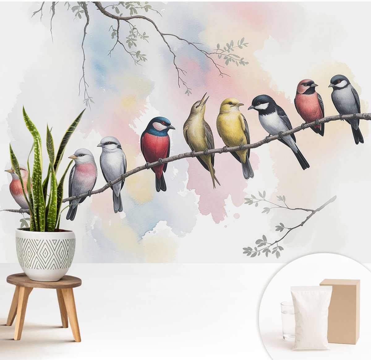 Wallfluent Fotobehang - Wit Vliesbehang - 208x146 cm - Vogels Op Een Tak Fotobehang Vlies - Hal behang Bloemen En Planten - Muurschildering - Hal behang