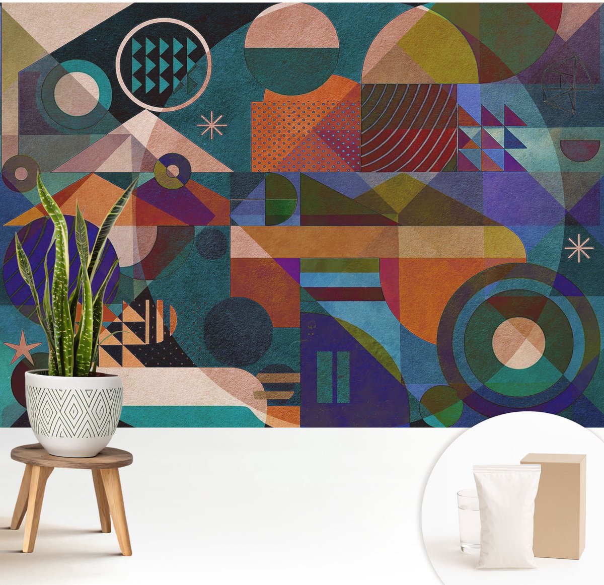 Wallfluent Fotobehang - Groente Vliesbehang - 208x146 cm - Geometrische Kunst Fotobehang Vlies - Woonkamer behang Abstractie - Muurschildering - Woonkamer behang