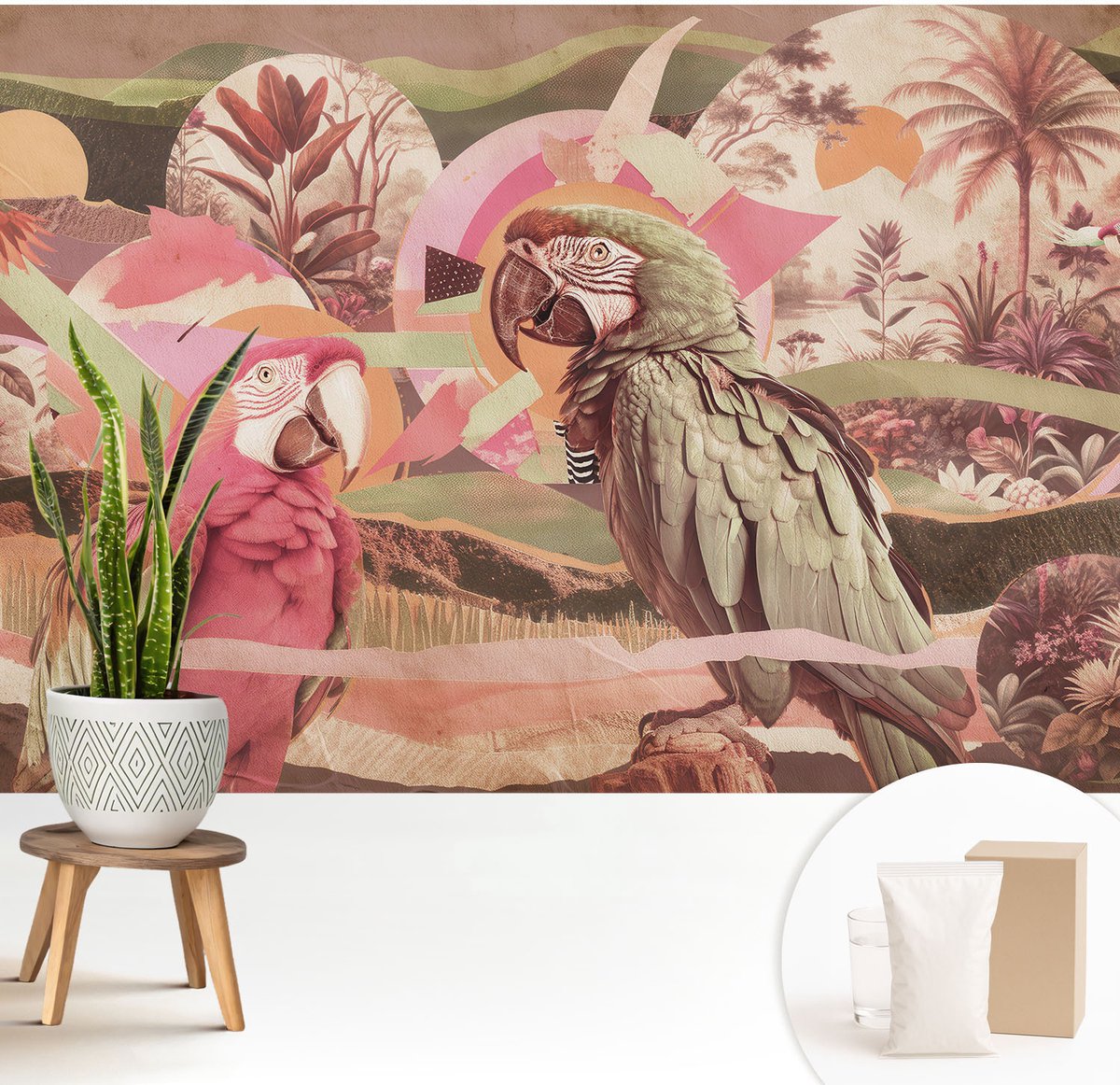 Wallfluent Fotobehang - Roze Vliesbehang - 208x146 cm - Tropische Vogels Fotobehang Vlies - Hal behang Dieren - Muurschildering - Woonkamer behang