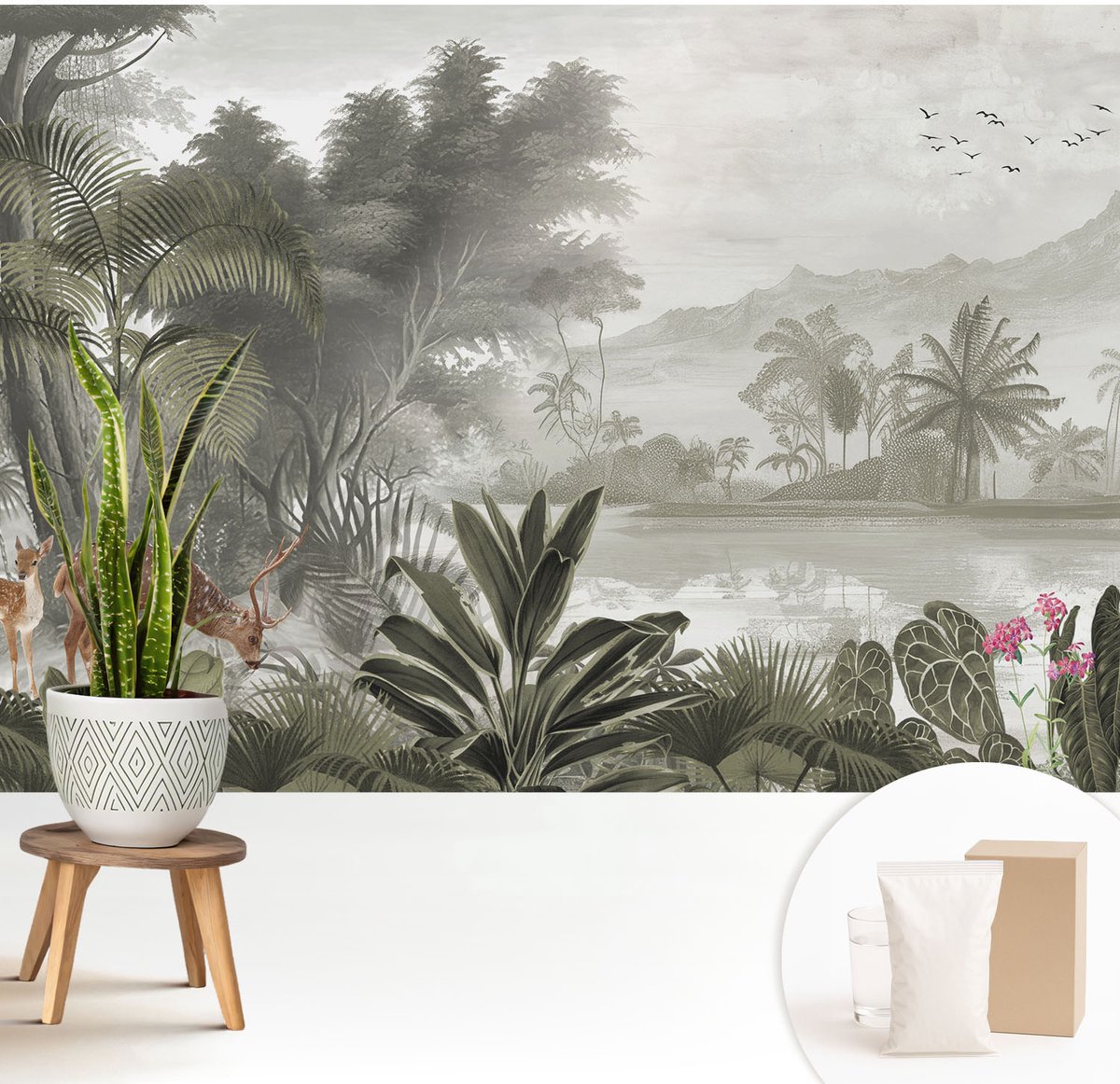 Wallfluent Fotobehang - Grijs Vliesbehang - 208x146 cm - Tropische Oase Muurschildering - Slaapkamer behang Landschappen - Fotobehang Vlies - Gang behang